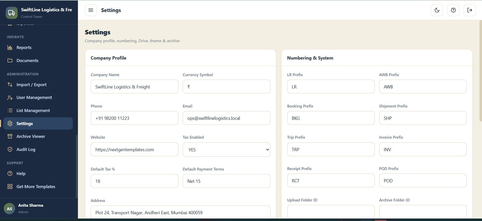 Logistics Management System Web App - Settings