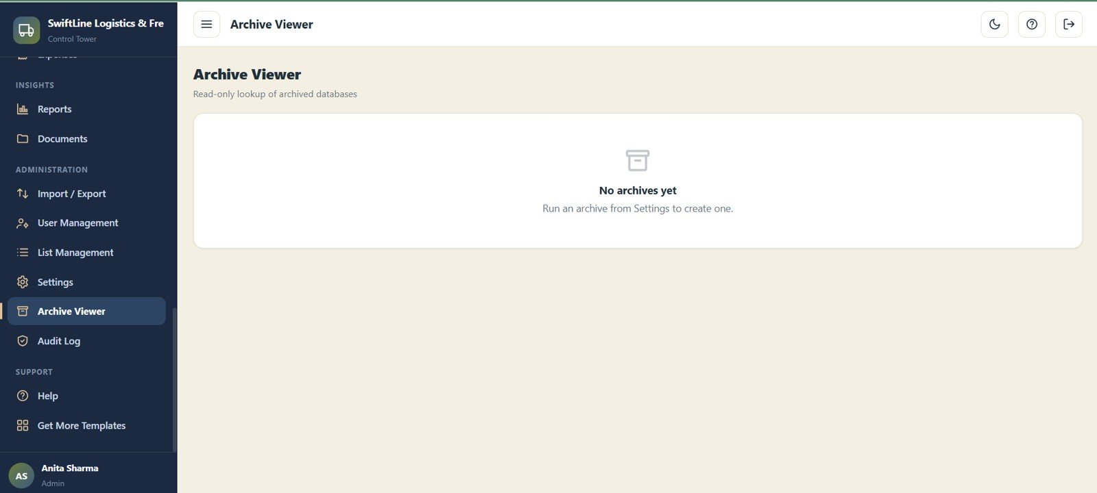 Logistics Management System Web App - Archive Viewer