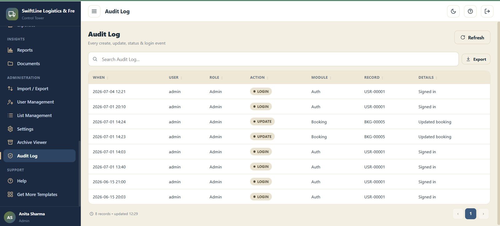 Logistics Management System Web App - Audit Log