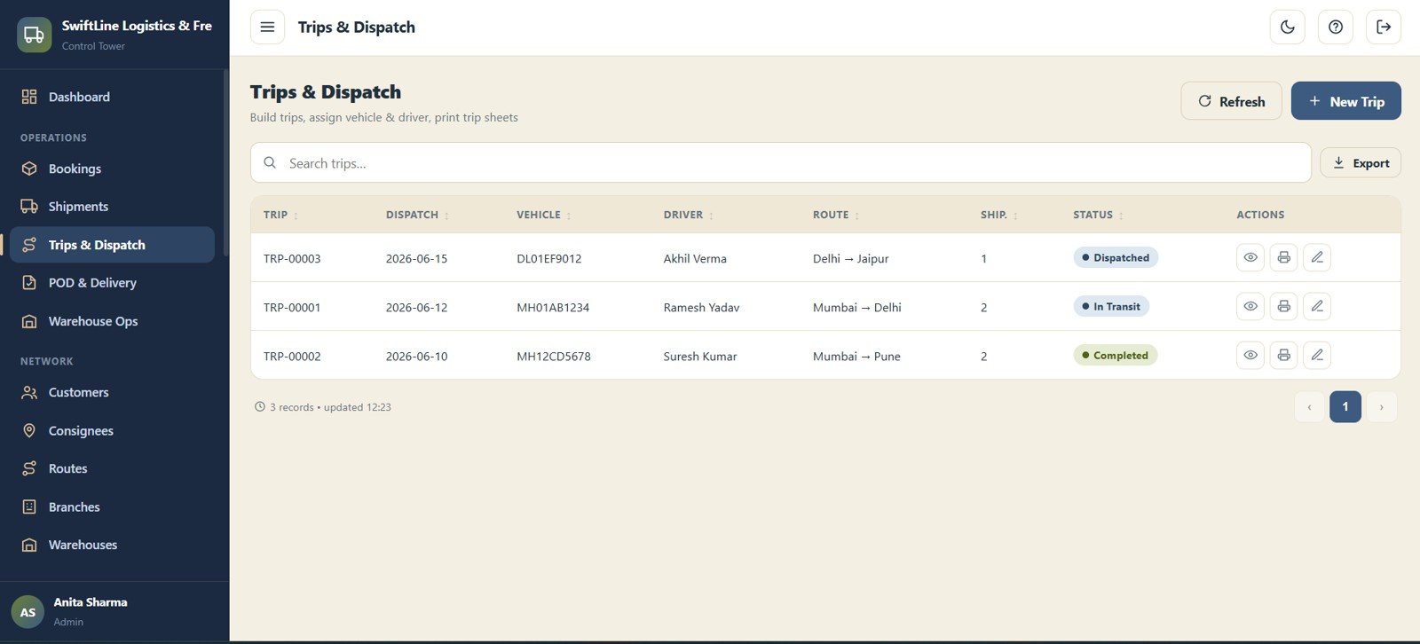 Logistics Management System Web App - Trips and Dispatch