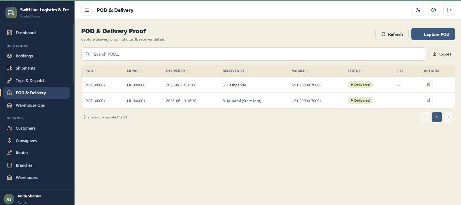 Logistics Management System Web App - POD and Delivery Proof