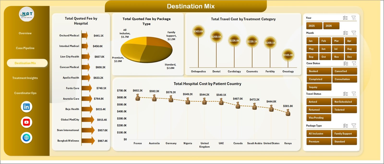 Medical Tourism Dashboard in Excel destination mix page