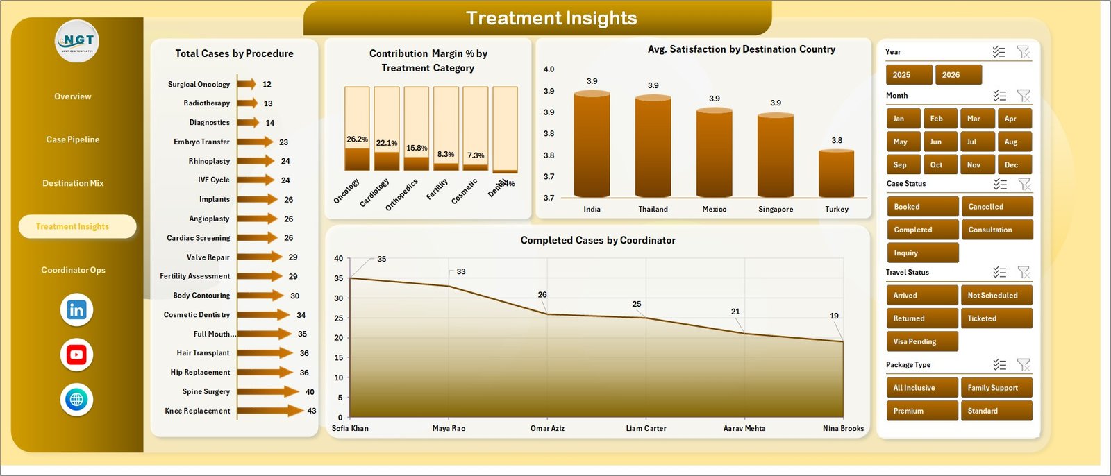 Medical Tourism Dashboard in Excel treatment insights page