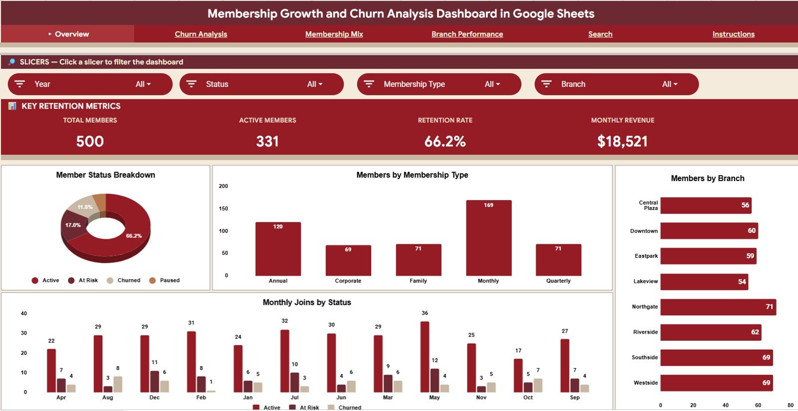 Overview page of the Membership Growth and Churn Analysis Dashboard in Google Sheets