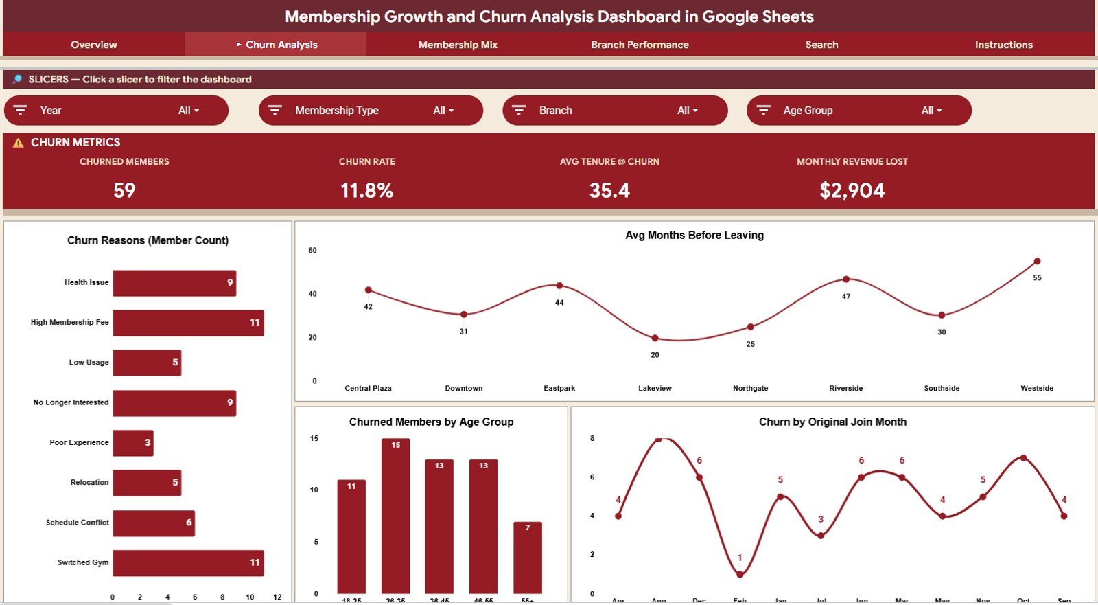 Churn Analysis tab in the Google Sheets membership dashboard