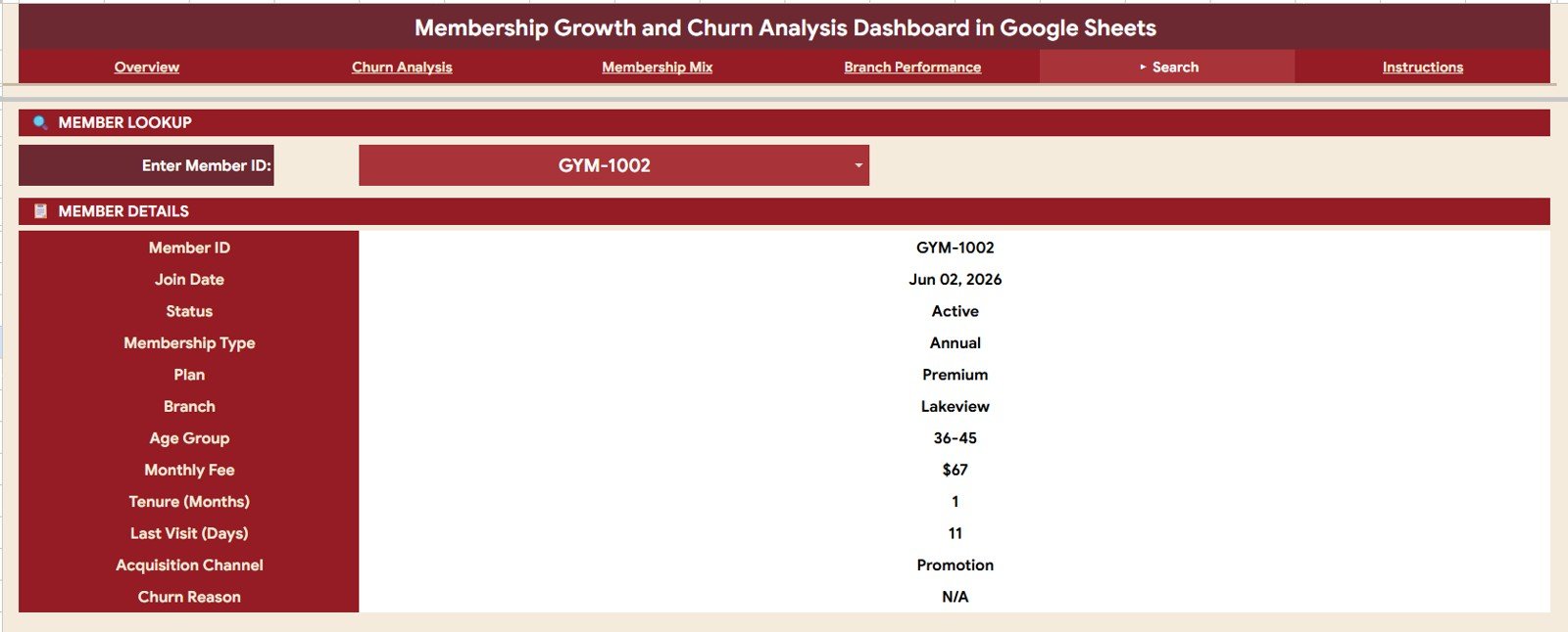 Search Sheet tab for member details in Google Sheets