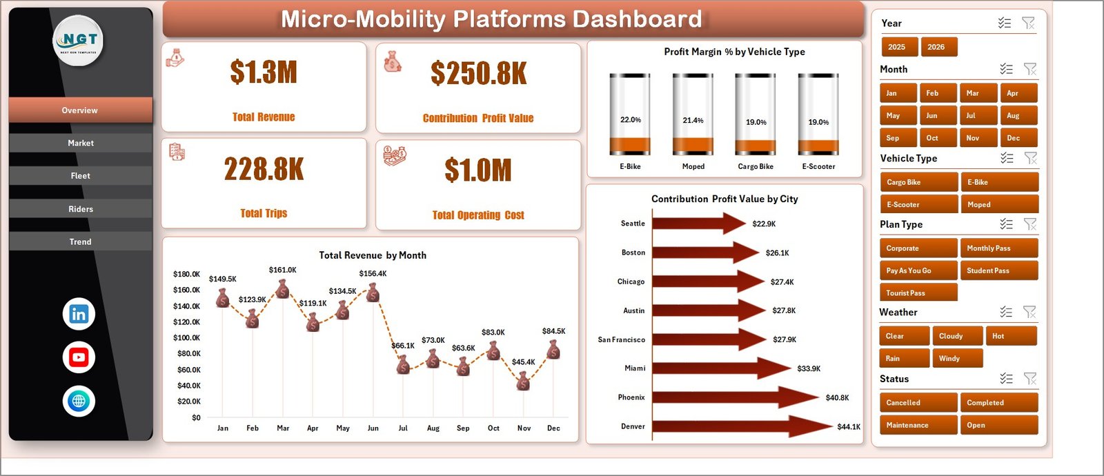 Micro-Mobility Platforms Dashboard in Excel overview page