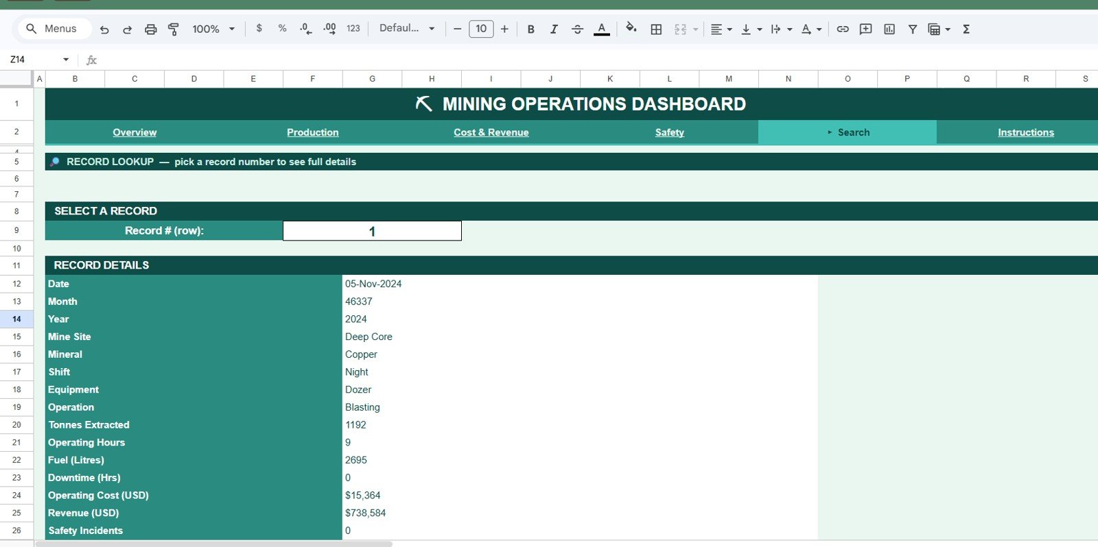 Mining Operations Dashboard in Google Sheets - Search Sheet tab