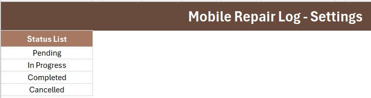 Mobile Repair Log Data Entry System in Excel - Setting Sheet
