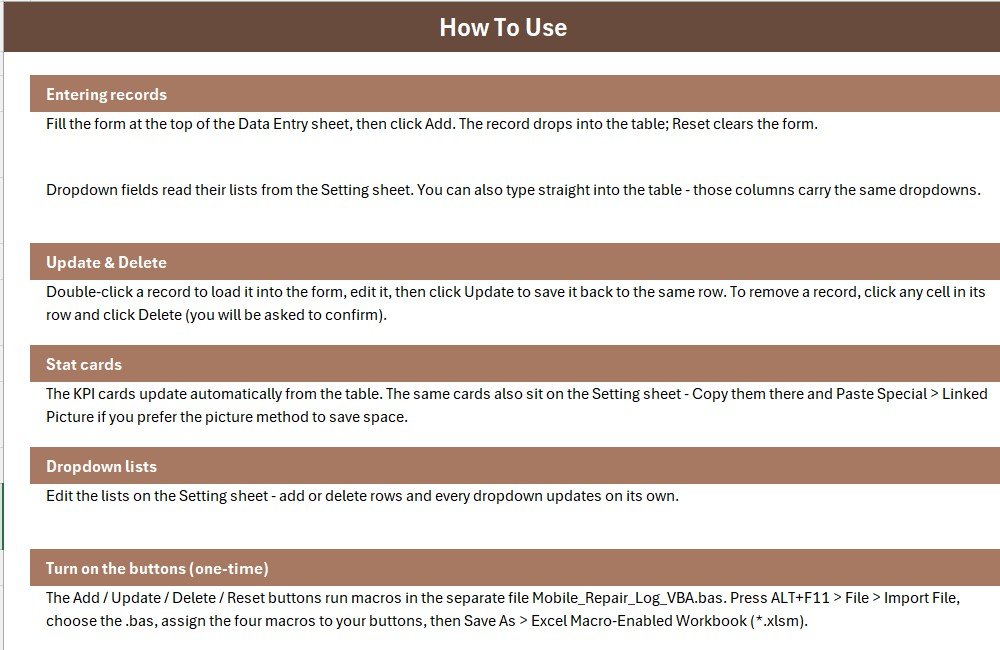Mobile Repair Log Data Entry System in Excel - Instructions Sheet