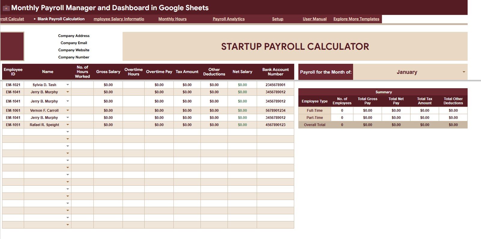 Monthly Payroll Manager and Dashboard in Google Sheets payroll calculation page