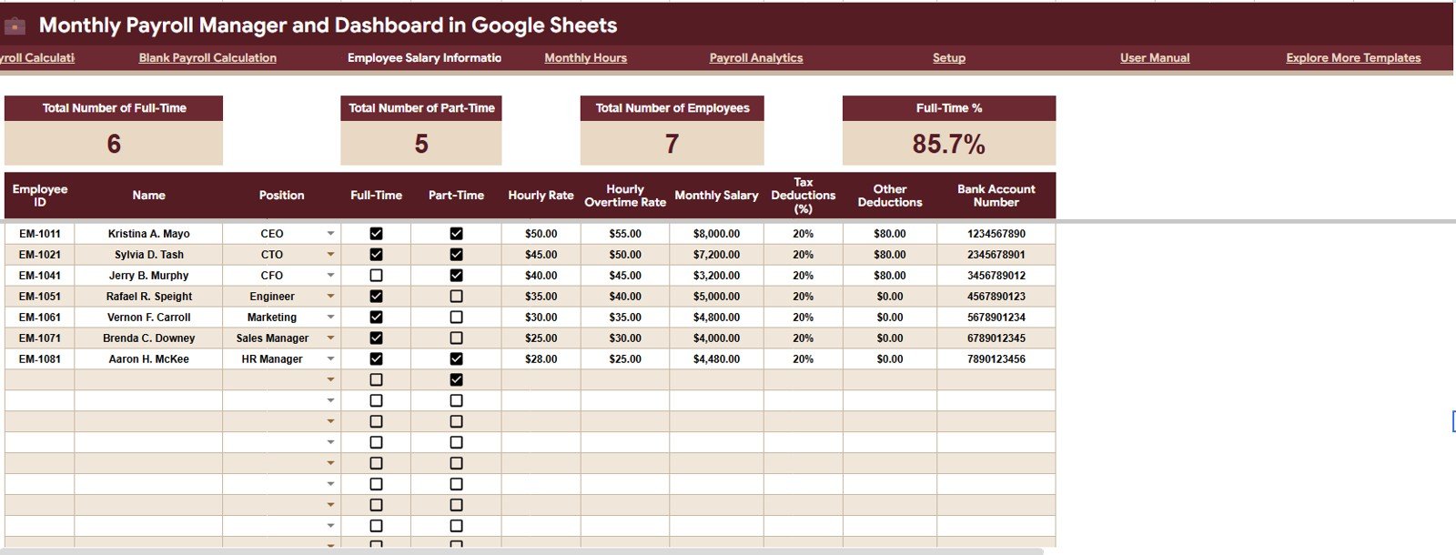Employee Salary Information tab in Google Sheets payroll dashboard