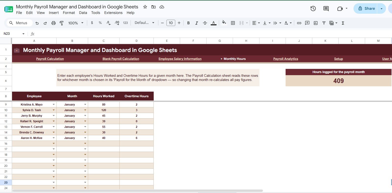 Monthly Hours tab for payroll hours and overtime in Google Sheets