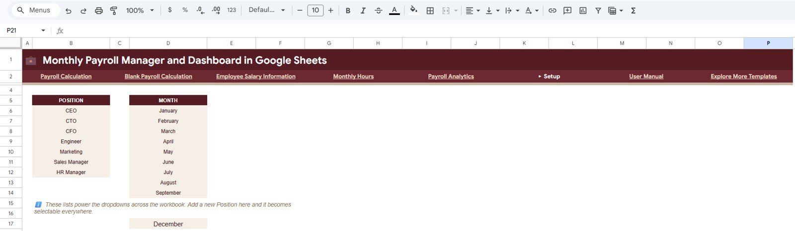 Setup Sheet tab for payroll dropdown source lists
