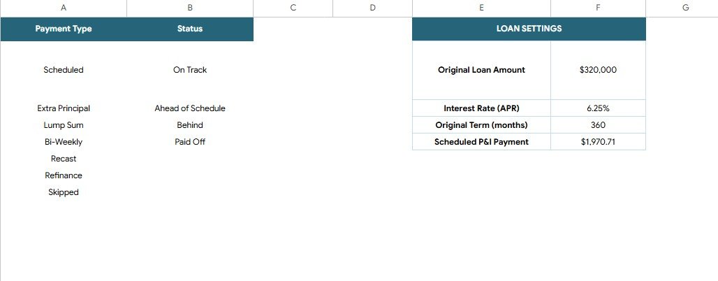 Settings and Lists tab for mortgage amount, APR, term, payment, payment types, and statuses