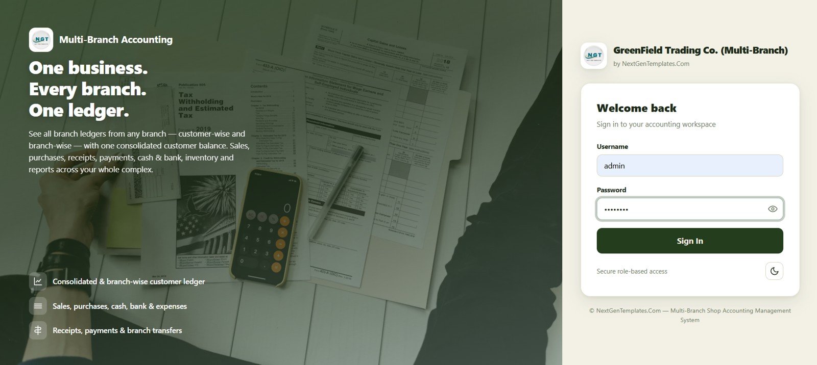 Multi-Branch Shop Accounting Management System Web App login page