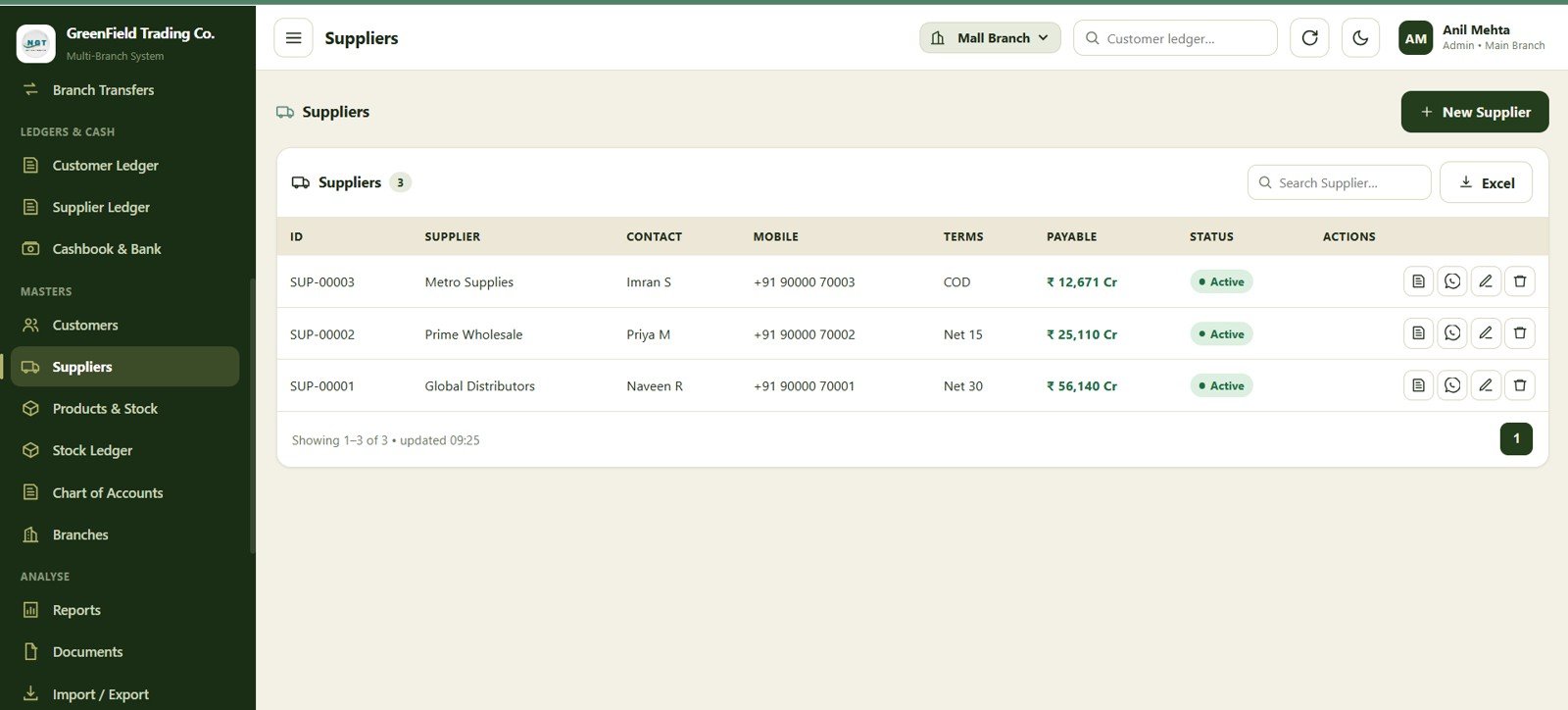 Suppliers page in the shop accounting web app
