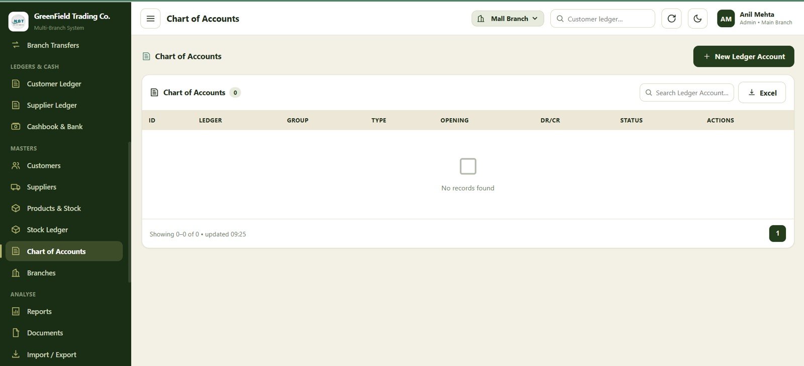 Chart of accounts screen in the accounting web app template