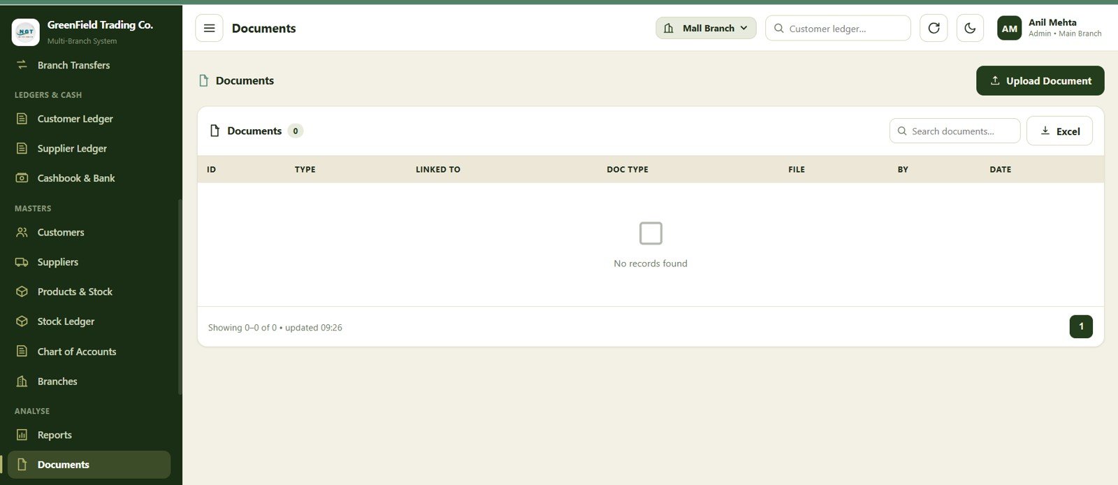 Documents page in the accounting management web app