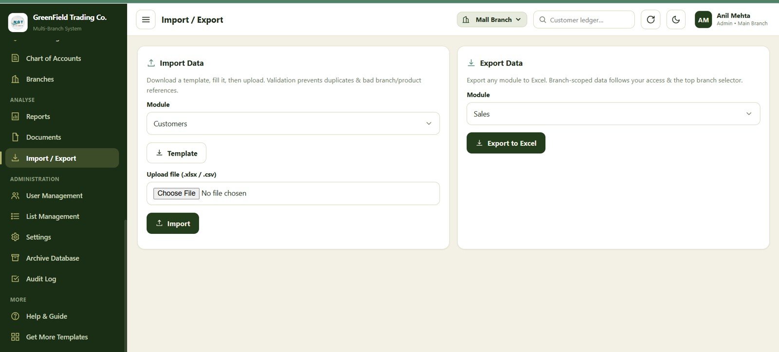 Import and export page in the shop accounting web app