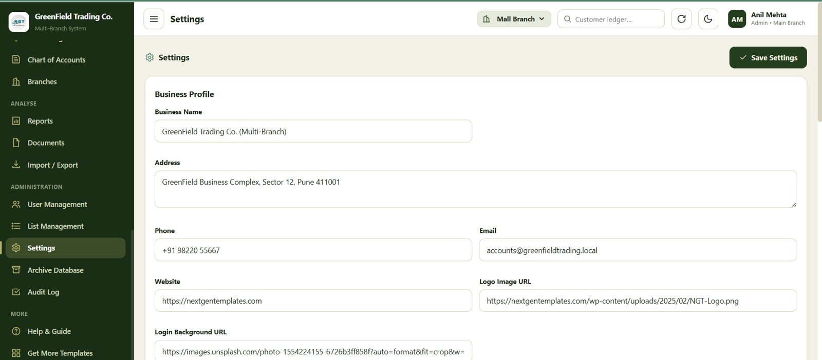 Settings page in the Multi-Branch Shop Accounting Web App