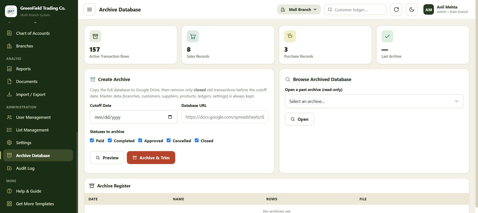 Archive database screen in the shop accounting management web app