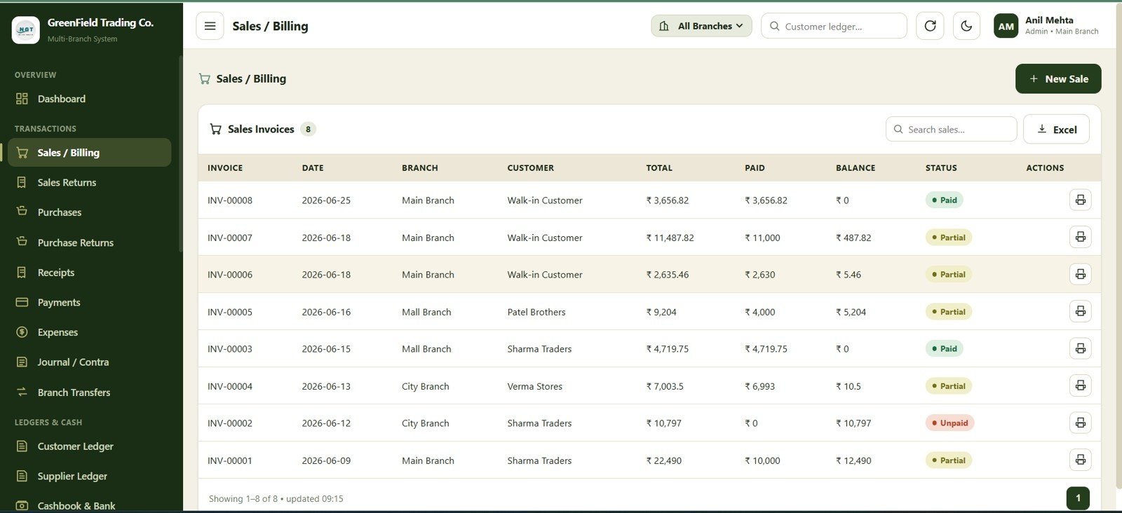 Sales billing module in the Multi-Branch Shop Accounting Web App