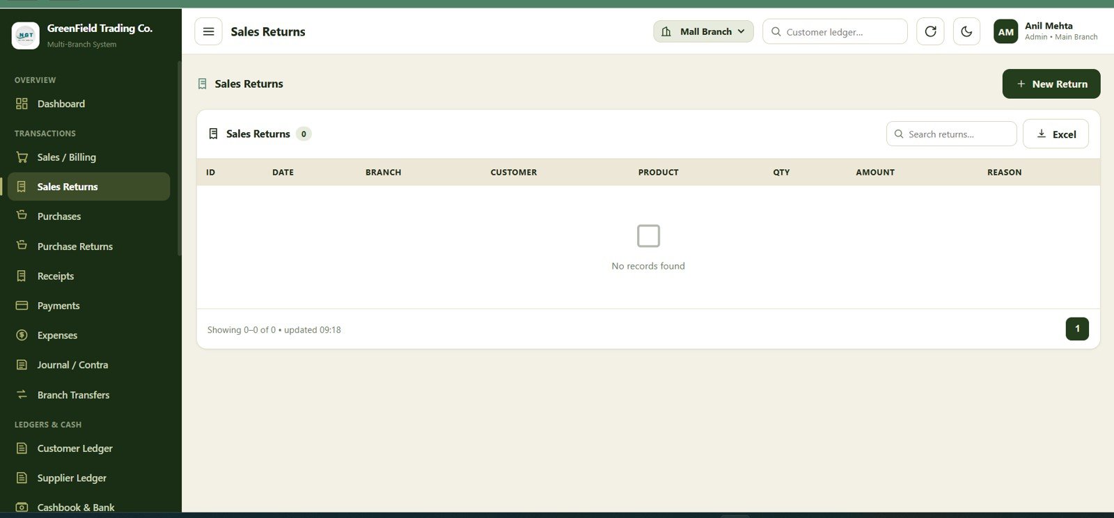 Sales returns page in the Multi-Branch Shop Accounting Management System