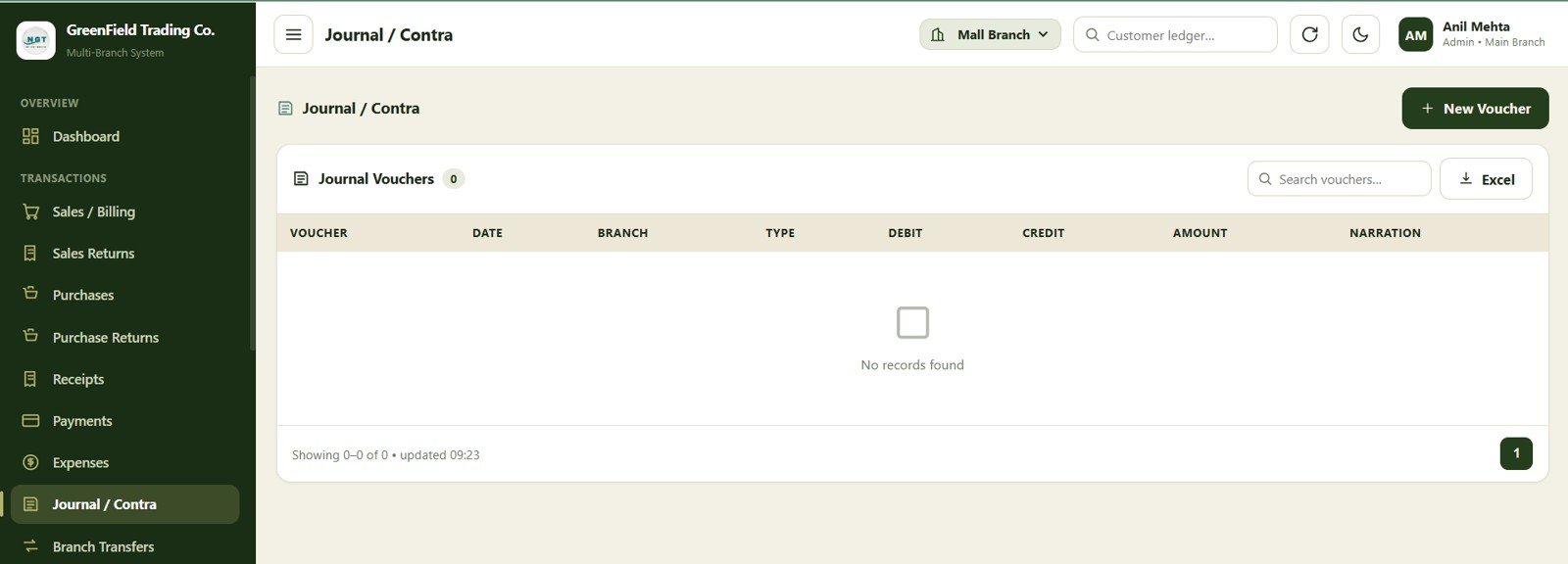 Journal and contra entry screen in the accounting web app