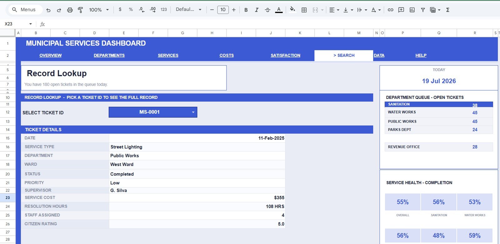 Search Sheet tab in Municipal Services Dashboard in Google Sheets