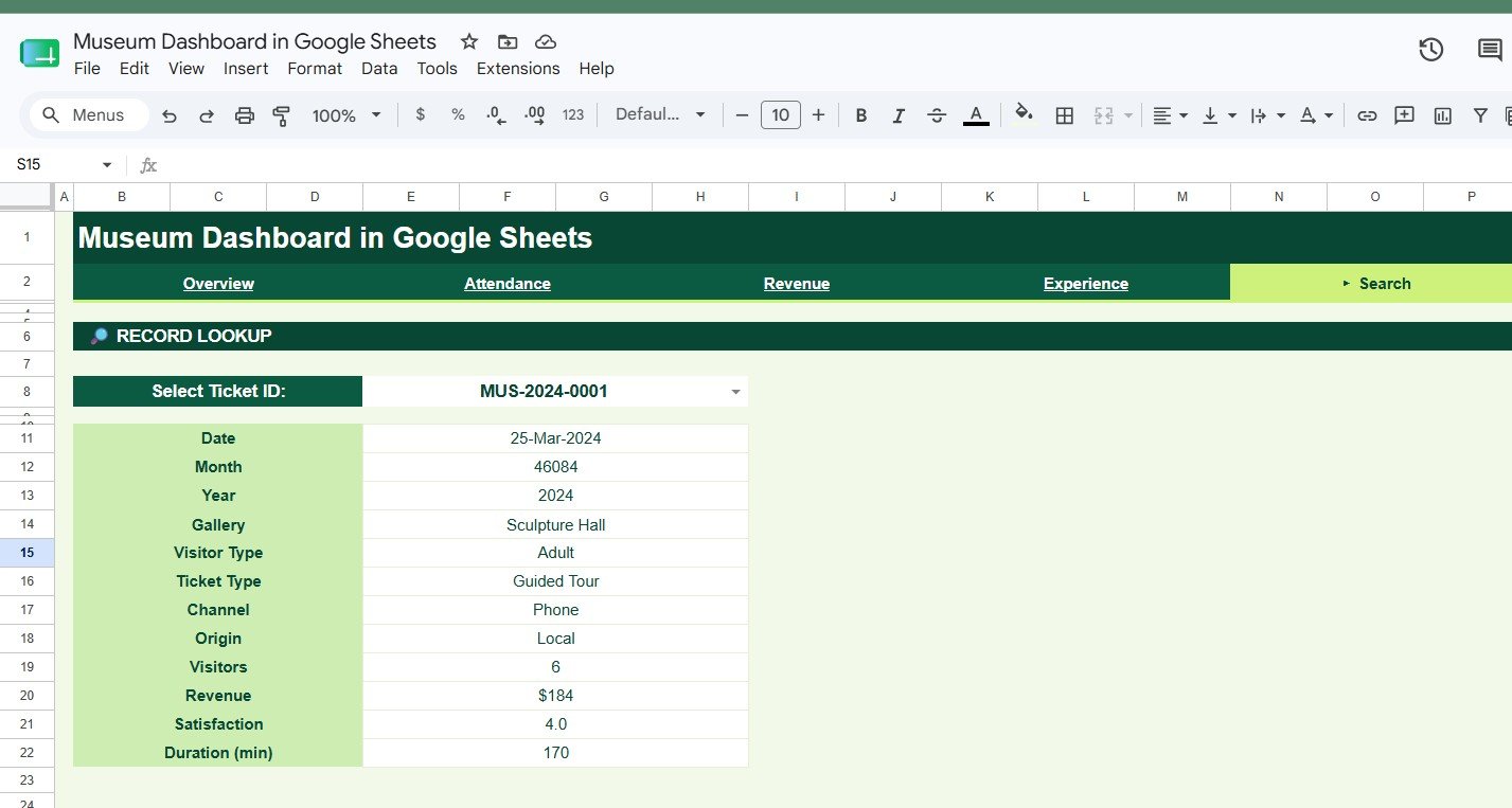 Search page in Museum Dashboard in Google Sheets