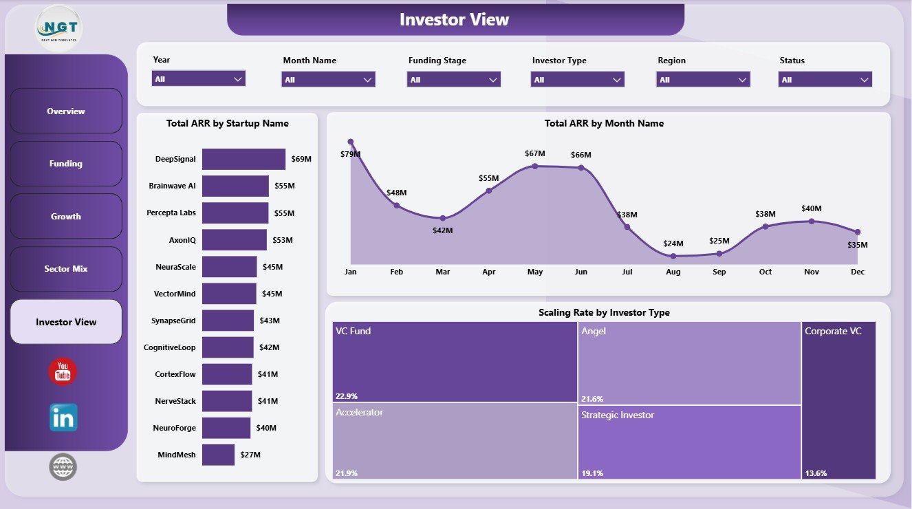 Investor View page in Neural Tech Startups Dashboard in Power BI