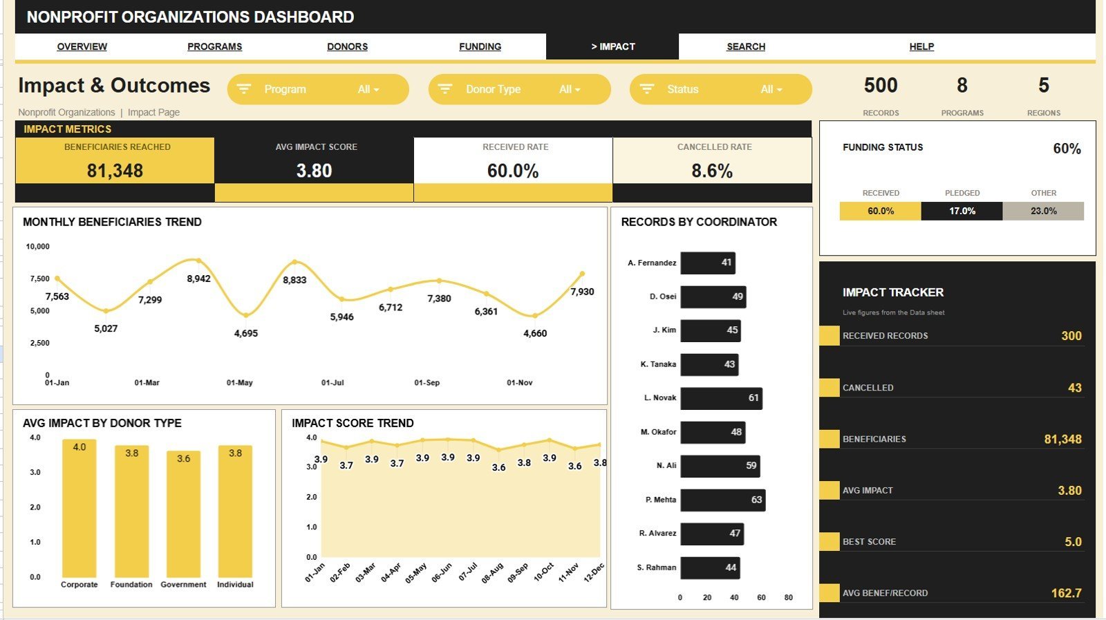 Nonprofit Organizations Dashboard in Google Sheets - Impact and Outcomes