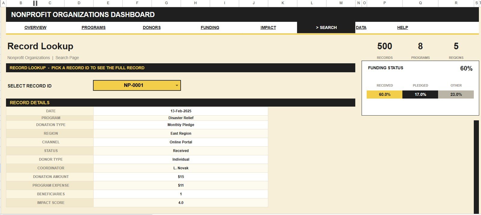 Nonprofit Organizations Dashboard in Google Sheets - Search Sheet