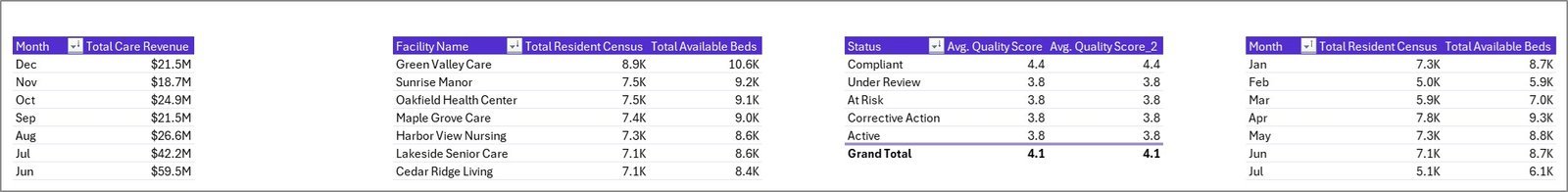 Nursing Homes Dashboard in Excel Support Sheet tab