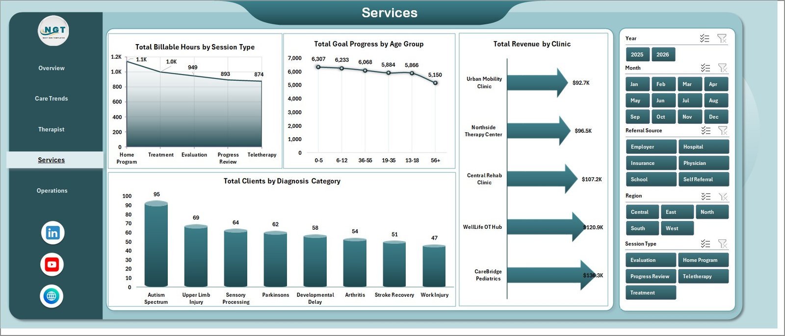 Services page in Occupational Therapy Dashboard in Excel