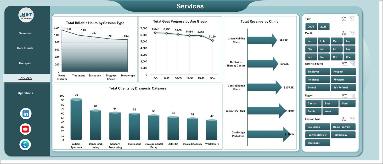 Services page in Occupational Therapy Dashboard in Excel