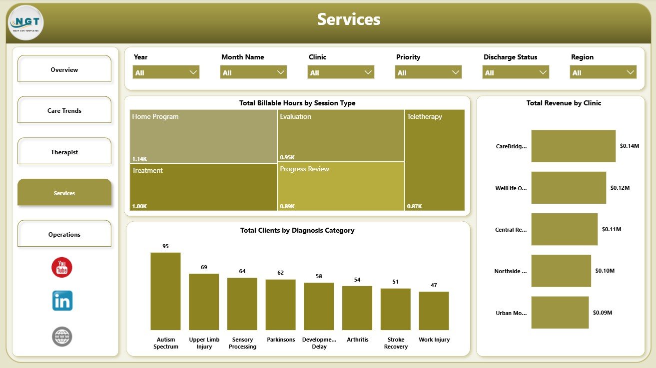 Services page in Occupational Therapy Dashboard in Power BI