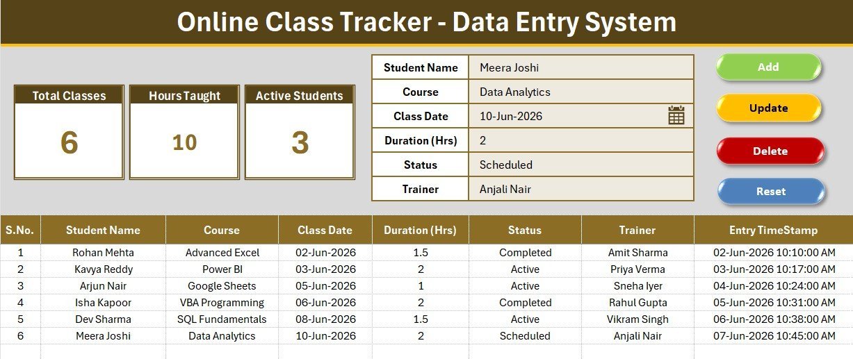 Online Class Tracker Data Entry System in Excel