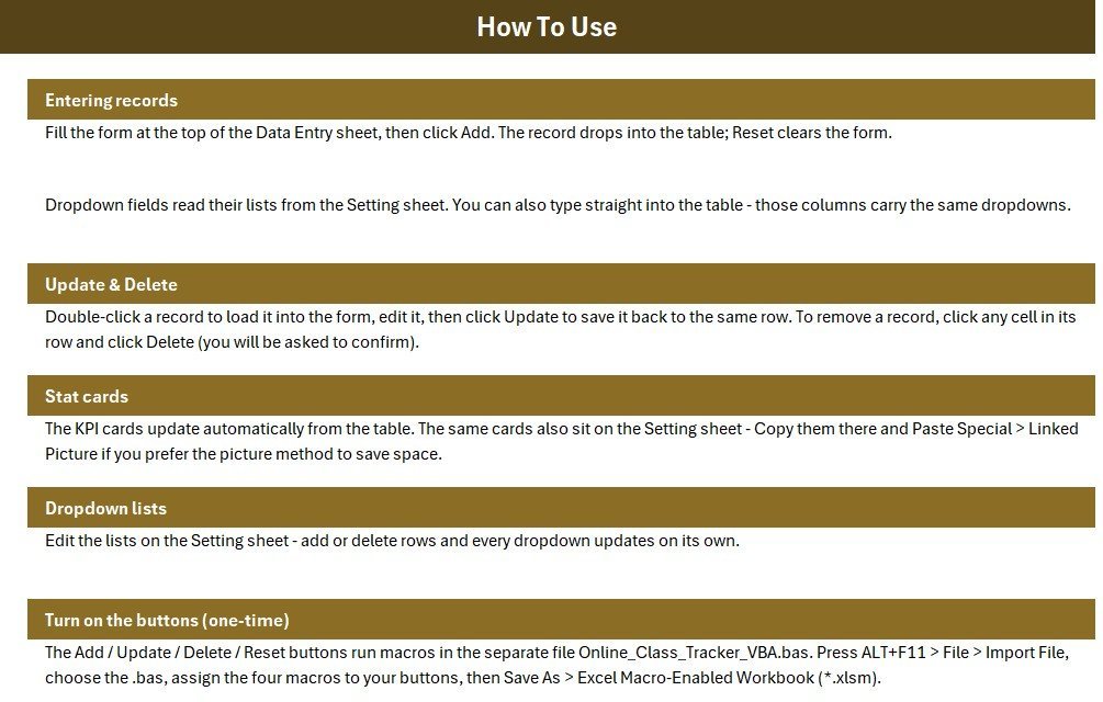 Online Class Tracker Data Entry System in Excel - Setting Sheet and Records Table
