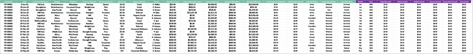 Data Sheet tab in Online Fitness Communities Dashboard in Excel