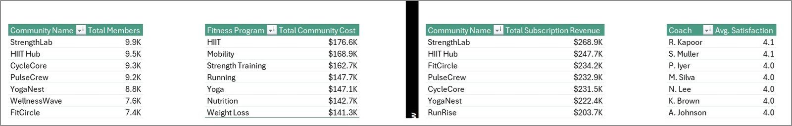 Support Sheet tab in Online Fitness Communities Dashboard in Excel
