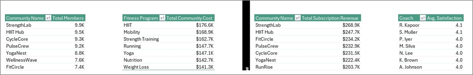 Support Sheet tab in Online Fitness Communities Dashboard in Excel