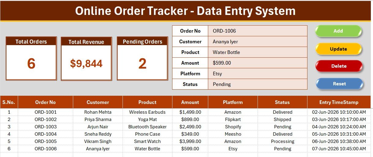 Online Order Tracker Data Entry System in Excel