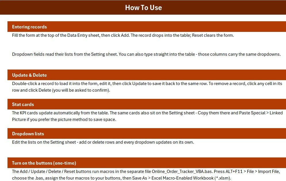 Online Order Tracker Data Entry System in Excel - Order Records and Instructions