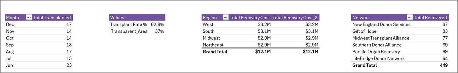 Support sheet tab in Organ Donation Networks Dashboard in Excel