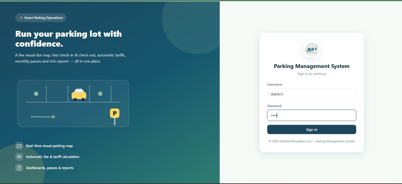 Parking Management System Web App login page