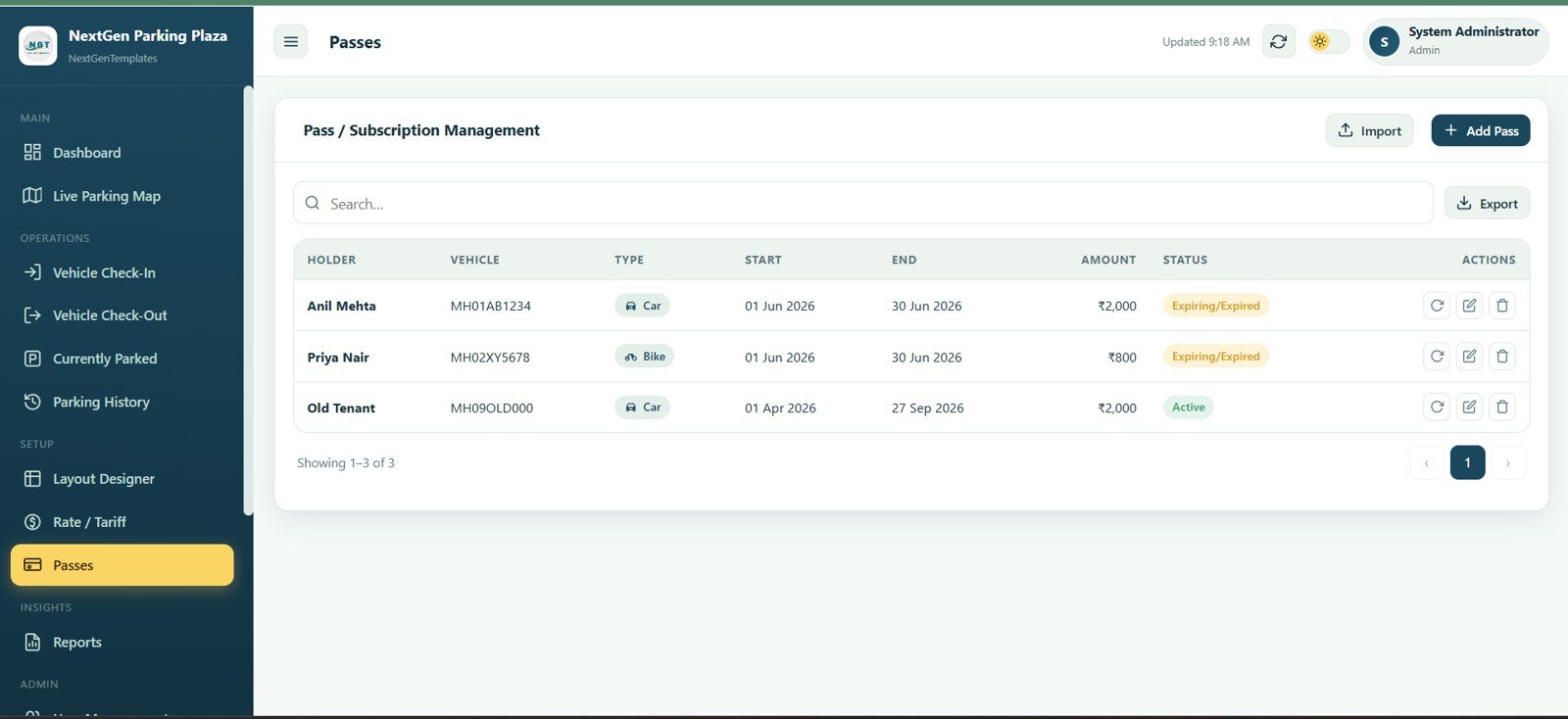 Parking pass and subscription management screen