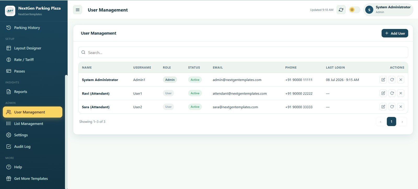 Parking system user management page