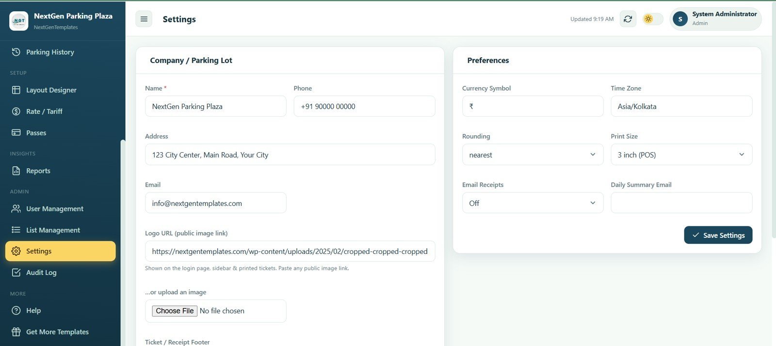 Parking system settings for company details currency and receipt preferences